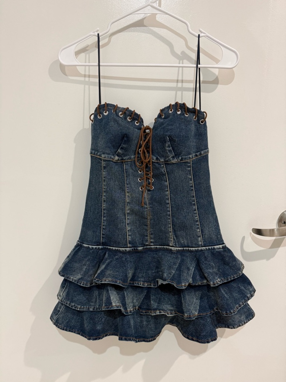 Denim Mini Dress with Brown Lace-Up Detail
